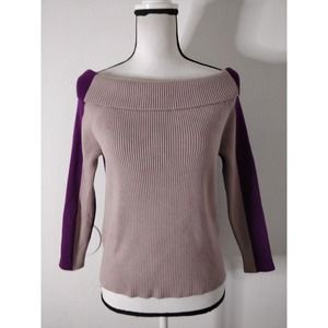 Ava Tan Purple Colorblock Ribbed Knit Off Shoulder Sweater Women's Size S